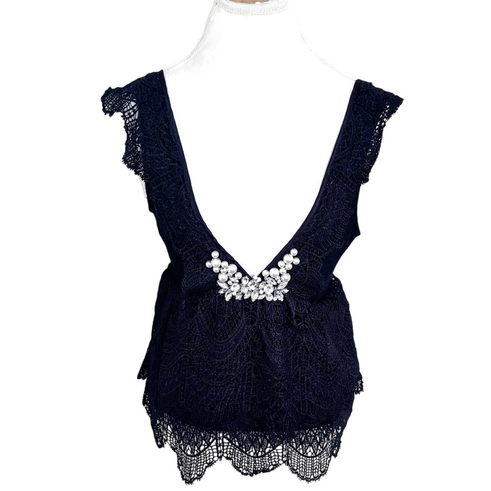 Vintage Art Deco Lace Whimsigoth Top Medium Black Rhinestone Pearl Fairy Goth
